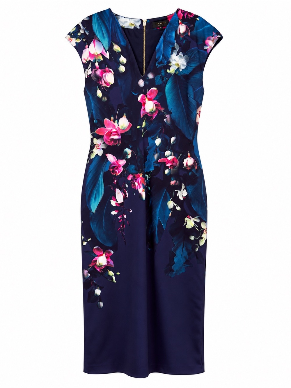 Ted Baker Antonya Floral Midi Sheath Dress Navy Pink Size 5 US 14 XL